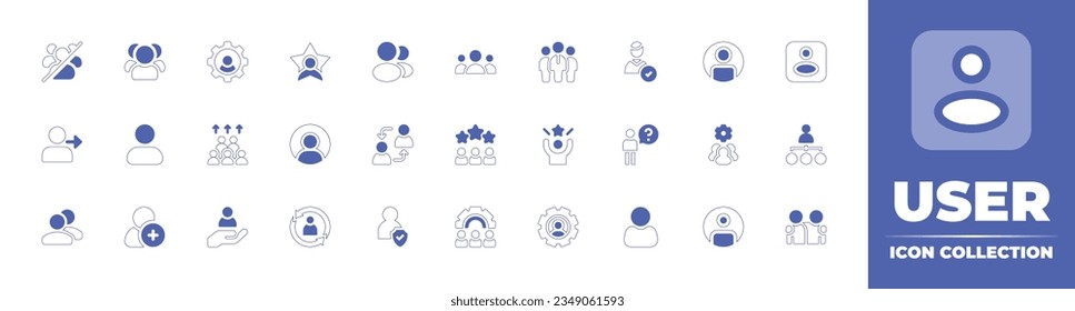 User icon collection. Duotone style line stroke and bold. Vector illustration. Containing users, avatar, settings, star, profile, team, leader, user, population, exchange, success, question, and more.