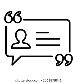 A user icon with a dialog and quotation marks, symbolizing customer testimonials and feedback, round line vector icon with editable stroke