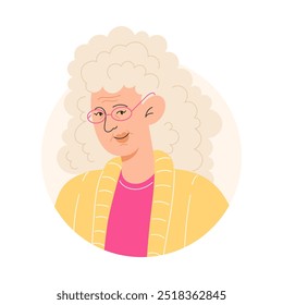 User icon with elderly woman with curly gray hair in flat style