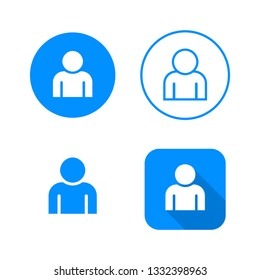 User icon, four variants, classic symbol, icon in circle, outlined symbol in circle, and flat icon with long shadow, vector illustration, blue color
