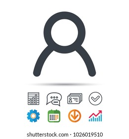 User icon. Human person symbol. Avatar login sign. Statistics chart, chat speech bubble and contacts signs. Check web icon. Vector