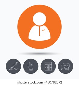 User icon. Human person symbol. Speech bubbles. Pen, hand click and chart. Orange circle button with icon. Vector