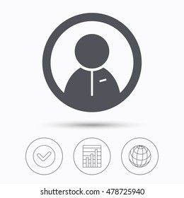 User icon. Human person symbol. Check tick, graph chart and internet globe. Linear icons on white background. Vector