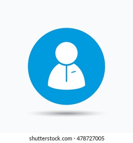 User icon. Human person symbol. Blue circle button with flat web icon. Vector