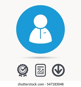 User icon. Human person symbol. Achievement check, download and report file signs. Circle button with web icon. Vector