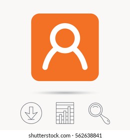 User icon. Human person symbol. Avatar login sign. Report chart, download and magnifier search signs. Orange square button with web icon. Vector