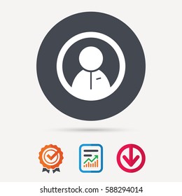 User icon. Human person symbol. Report document, award medal with tick and new tag signs. Colored flat web icons. Vector