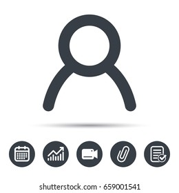 User icon. Human person symbol. Avatar login sign. Calendar, chart and checklist signs. Video camera and attach clip web icons. Vector