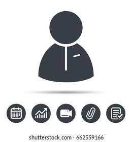 User icon. Human person symbol. Calendar, chart and checklist signs. Video camera and attach clip web icons. Vector