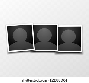 User icon human portrait. Three square photo frame. Vector mockup design