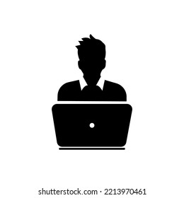 User Icon with Laptop Computer - Vector. Remote work freelancer. Home leisure. Isolated vector element.