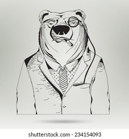 User icon of man in business suit. Businessman outline in vector. Hipster Animal character. Hand Drawn Illustration of Bear Hipster in suit and Necktie