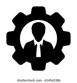 User Icon - Man Person Profile Avatar On Gear Cog Wheel For Settings And Configuration Glyph Vector illustration