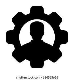 User Icon - Man Person Profile Avatar On Gear Cog Wheel For Settings And Configuration Glyph Vector illustration