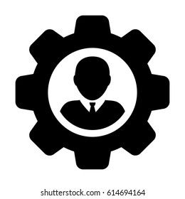 User Icon - Man Person Profile Avatar On Gear Cog Wheel For Settings And Configuration Glyph Vector illustration