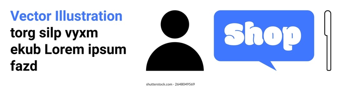 User icon next to a blue speech bubble with the word Shop. Ideal for e-commerce promotions, online retail, digital marketing, website banners, and customer engagement. Banner for landing page