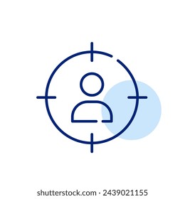 User icon placed within the crosshairs of a target. Specific targeted approach of recruitment efforts. Pixel perfect