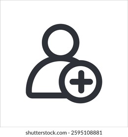A user icon with a plus sign, representing adding friends, creating accounts, or new user registration.