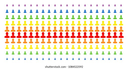 User icon rainbow colored halftone pattern. Vector objects arranged into halftone array with vertical rainbow colors gradient. Designed for backgrounds, covers, templates and abstraction effects.