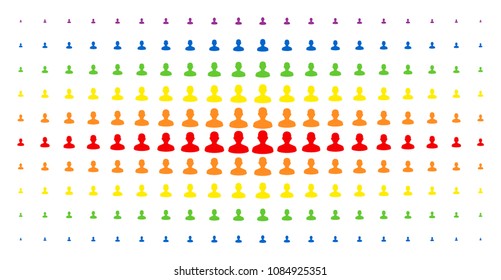 User icon rainbow colored halftone pattern. Vector user objects are arranged into halftone grid with vertical rainbow colors gradient. Designed for backgrounds, covers,