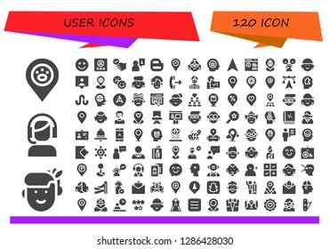  user icon set. 120 filled user icons. Simple modern icons about  - Placeholder, Woman, Customer service, Happy, User, Satisfied, Blogger, Avatar, Favorite, Navigation, Pop up