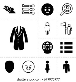 User icon. set of 13 filled and outline user icons such as face, woman, group, angry emot, jacket, man with case, man with flag, menu