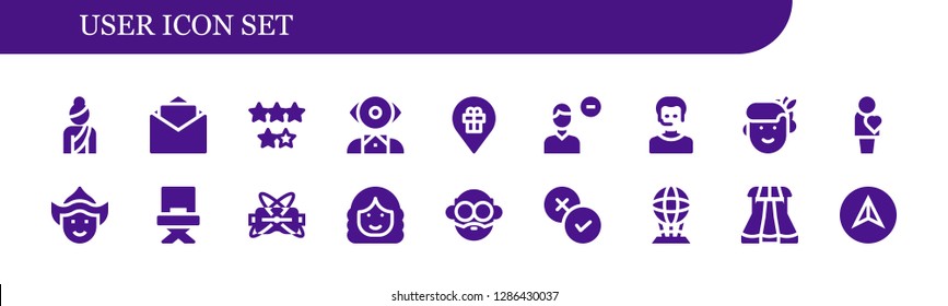  user icon set. 18 filled user icons. Simple modern icons about  - Woman, Blank, Rating, Mentalist, Placeholder, Remove user, Operator, Human, Director, Virtual reality, Avatar