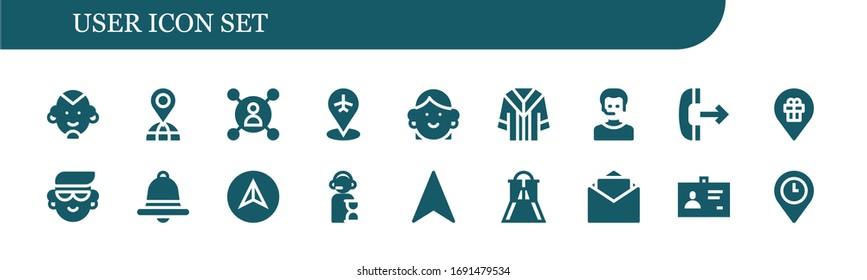 user icon set. 18 filled user icons.  Simple modern icons such as: Man, Placeholder, User, Avatar, Uniform, Operator, Outgoing call, Notification, Navigation, Slider, Blank, ID