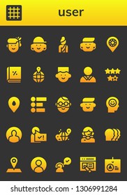 user icon set. 26 filled user icons.  Collection Of - Woman, Grid, Avatar, Placeholder, Account, Rating, Feedback, Man, Happiness, User, Customer service, Heads, Interface, Identification
