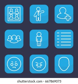 User icon. set of 9 outline user icons such as face, businessman, group, add friend, menu, photo for passport, angry emot