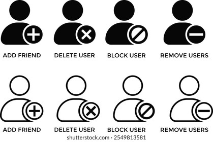 Conjunto de iconos de usuario. Agregar signo de amigo. Quitar usuario de Borrar de usuario, bloquear icono de usuario
