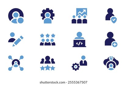 User icon set. Bold style. Duotone colors. online, admin, member, protection, user, training, software engineer, add user.