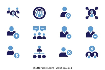 User icon set. Bold style. Duotone colors. hierarchy, social media, remove user, user, relationship, search, add user, users.