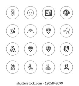 User icon set. collection of 16 outline user icons with businessman, deviantart, employee, group, happy, jacket, man, operator, placeholder, pop up, virtual reality icons.