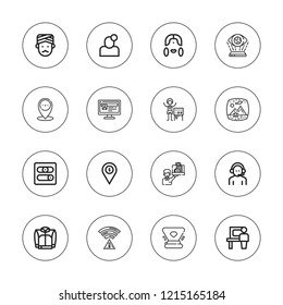 User icon set. collection of 16 outline user icons with businessman, hologram, jacket, man, operator, notification, placeholder, profile, vr, switch icons.