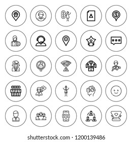 User icon set. collection of 25 outline user icons with customer service, employee, group, happy, herpetarium, guide, hologram, jacket, office worker icons. editable icons.
