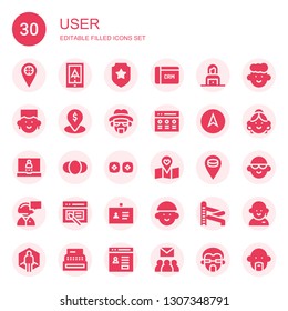 user icon set. Collection of 30 filled user icons included Placeholder, Navigation, Badge, CRM, Woman, Avatar, Heisenberg, Rate, Login, Person, Vr, Secretary, Interface, ID, Slider
