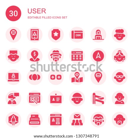 user icon set. Collection of 30 filled user icons included Placeholder, Navigation, Badge, CRM, Woman, Avatar, Heisenberg, Rate, Login, Person, Vr, Secretary, Interface, ID, Slider