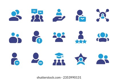 Conjunto de iconos de usuario. Color de duotona. Ilustración vectorial. Conteniendo grupo, mano, usuario, medios sociales, sobre nosotros, experto, usuarios, eliminar usuario, educación, estrella.