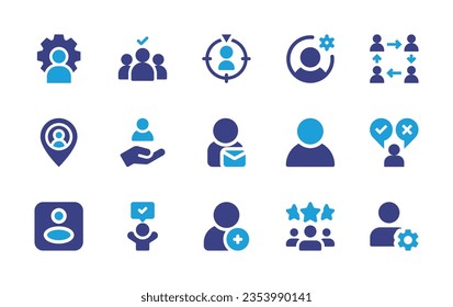 User icon set. Duotone color. Vector illustration. Containing admin, selection, target audience, gear, interchangeability, user, help, success, add user, employees, profile.