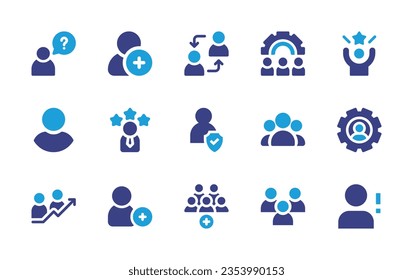 User icon set. Duotone color. Vector illustration. Containing question, follow, exchange, gear, success, user, rating, protection, team, increase, add friend, add group, users.