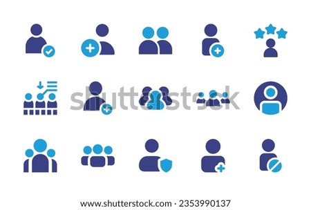 User icon set. Duotone color. Vector illustration. Containing check, user, add, rating, adoption, group, group, team, users, avatar, ban user.