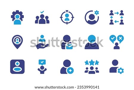 User icon set. Duotone color. Vector illustration. Containing admin, selection, target audience, gear, interchangeability, user, help, success, add user, employees, profile.