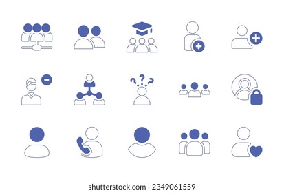 User icon set. Duotone style line stroke and bold. Vector illustration. Containing connected, user, friends, education, add, remove, people, question, group, personal, security, at, phone, customer.