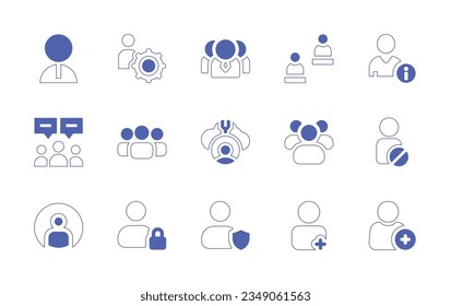 Benutzersymbol eingestellt. Duotone Stil Linie Strich und fett. Vektorgrafik. Enthält Benutzer, Benutzer, Avatar, Verbot, Hinzufügen.