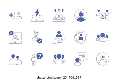 User icon set. Duotone style line stroke and bold. Vector illustration. Containing create, group, button, users, population, search, verified, user, hand, rotate, about, us, question, mark, chat.