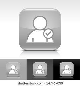 User icon set. Gray color glossy web button with white sign. Rounded square shape with shadow, reflection on white, gray, black background. Vector illustration design element 8 eps 