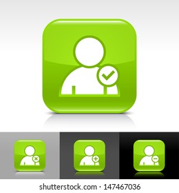User icon set. Green color glossy web button with white sign. Rounded square shape with shadow, reflection on white, gray, black background. Vector illustration design element 8 eps  