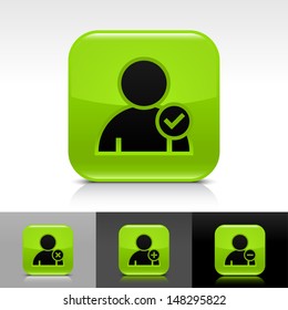 User icon set. Green color glossy web button with black sign. Rounded square shape with shadow, reflection on white, gray, black background. Vector illustration design element 8 eps 