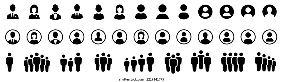 Benutzersymbol eingestellt. Gruppe von Personen oder Benutzergruppe. Die Menschen Ikone setzt sich in einem trendigen, flachen Stil. Profil und Leute Silhouette Sammlung. Persons Symbol Infografik Website Design, Logo, App.